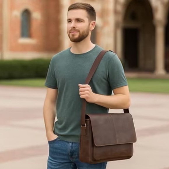 Brown Leather Messenger Bag Laptop Briefcase Bag College Office Adj Strap NWT - Picture 3 of 14